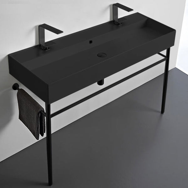 Teorema Double Matte Black Ceramic Console Sink and Matte Black Stand - Stellar Hardware and Bath 