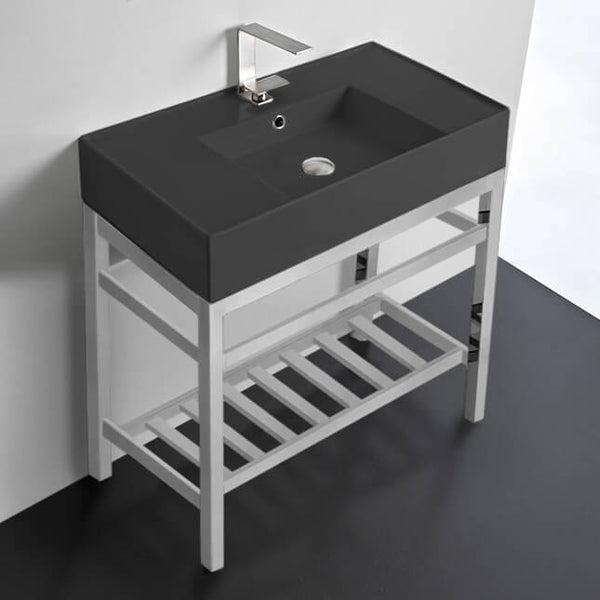 Teorema 2 Modern Matte Black Ceramic Console Sink and Polished Chrome Base - Stellar Hardware and Bath 