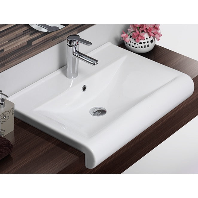 Side Rectangle White Ceramic Wall Mounted or Semi Recessed Sink