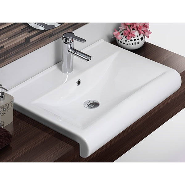 Side Rectangle White Ceramic Wall Mounted or Semi Recessed Sink - Stellar Hardware and Bath 