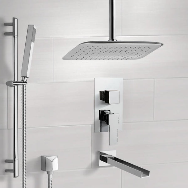 Galiano Chrome Tub and Shower System with Ceiling 14" Rain Shower Head and Hand Shower - Stellar Hardware and Bath 