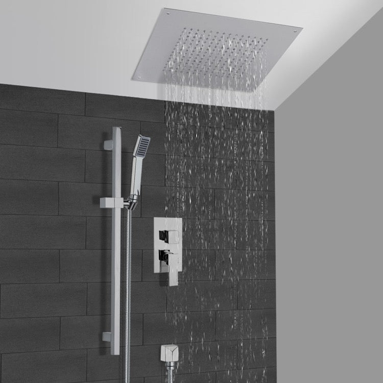 Rendino Chrome Shower System With 16" Rain Ceiling Mount Shower Head and Hand Shower - Stellar Hardware and Bath 