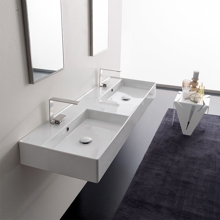 Teorema 2 Double Rectangular Ceramic Wall Mounted or Vessel Sink With Counter Space - Stellar Hardware and Bath 