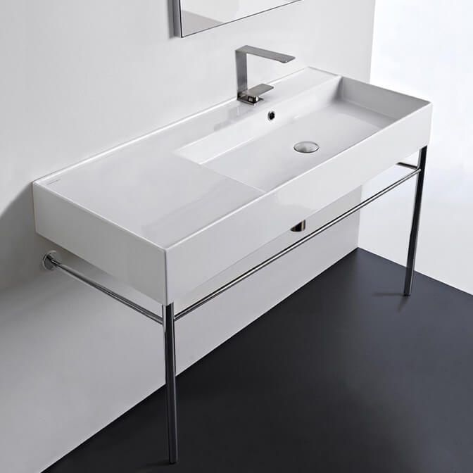 Teorema 2 Rectangular Ceramic Console Sink and Polished Chrome Stand - Stellar Hardware and Bath 