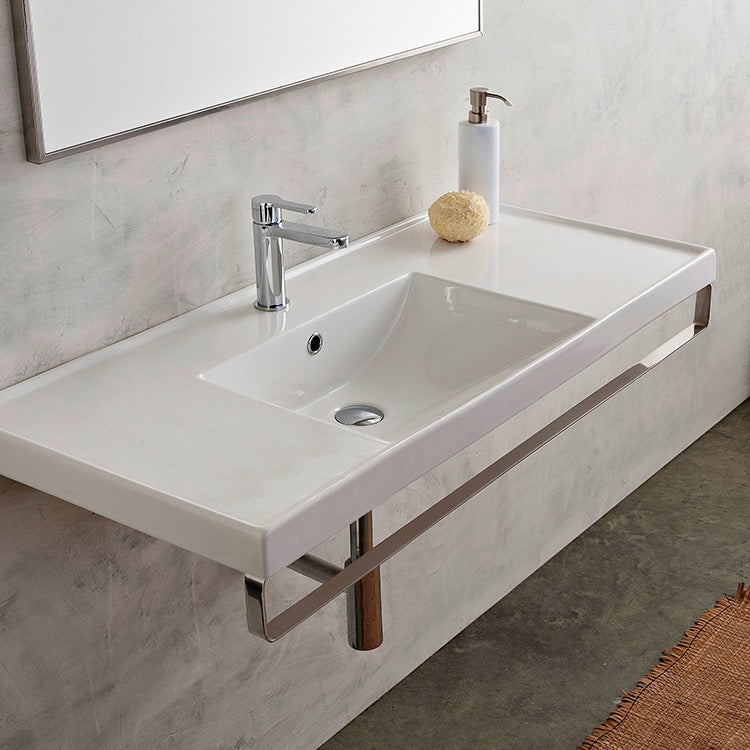 ML Rectangular Wall Mounted Ceramic Sink With Polished Chrome Towel Bar - Stellar Hardware and Bath 