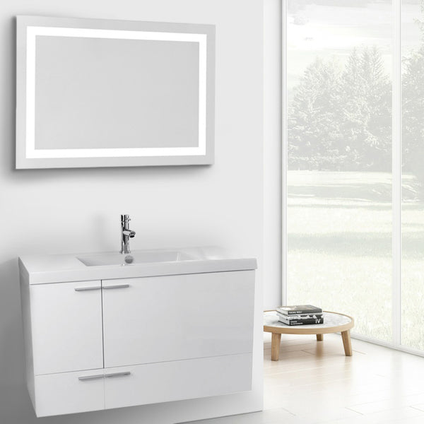 39 Inch Glossy White Bathroom Vanity with Fitted Ceramic Sink, Wall Mounted, Lighted Mirror Included - Stellar Hardware and Bath 