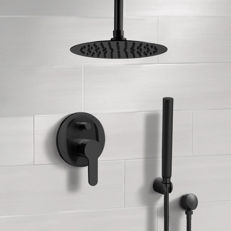 Orsino Matte Black Ceiling Shower System With Rain Shower Head and Hand Shower - Stellar Hardware and Bath 