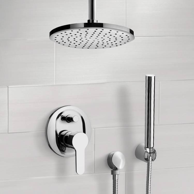 Orsino Chrome Shower System with Rain Ceiling Shower Head and Hand Shower - Stellar Hardware and Bath 