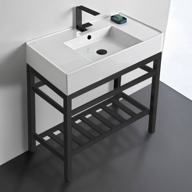 Teorema 2 Modern Ceramic Console Sink With Counter Space and Matte Black Base - Stellar Hardware and Bath 