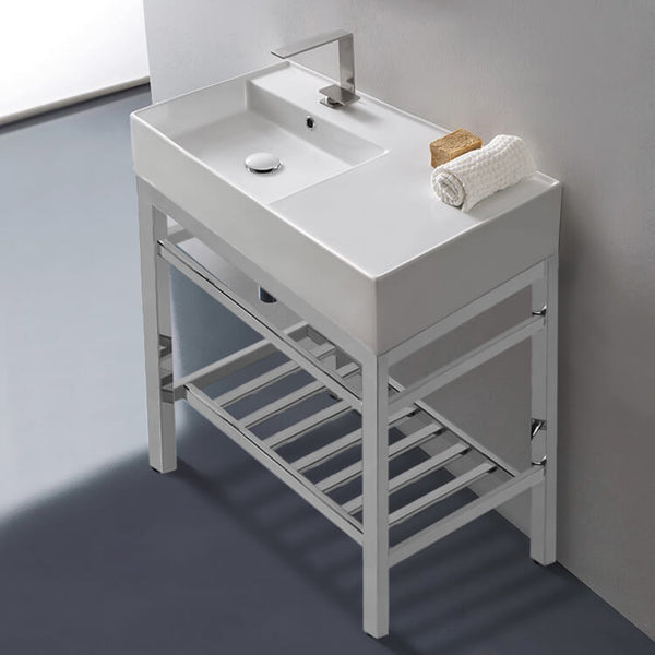 Teorema 2 Modern Ceramic Console Sink With Counter Space and Chrome Base - Stellar Hardware and Bath 