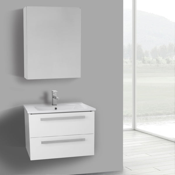 25 Inch Glossy White Wall Mount Bathroom Vanity Set, 2 Drawers, Medicine Cabinet Included - Stellar Hardware and Bath 