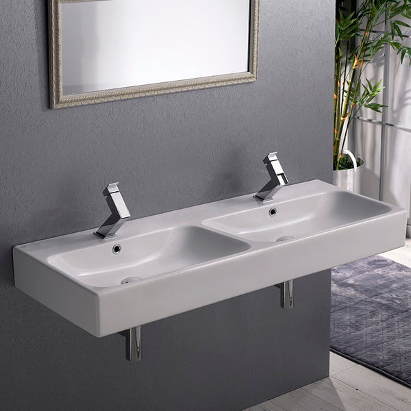 Pinto Double Rectangular Ceramic Wall Mounted or Vessel Sink - Stellar Hardware and Bath 