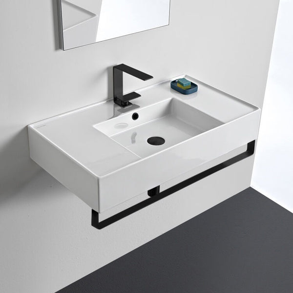 Teorema 2 Rectangular Ceramic Wall Mounted Sink With Matte Black Towel Bar - Stellar Hardware and Bath 