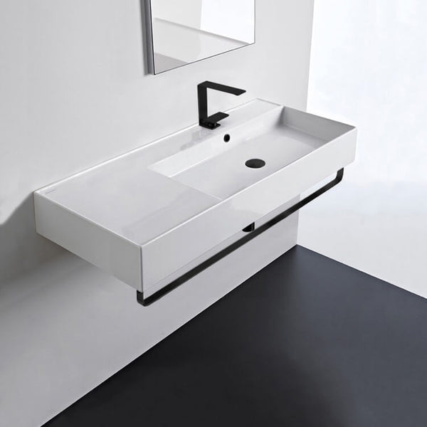 Teorema 2 Rectangular Ceramic Wall Mounted Sink, Matte Black Towel Bar Included - Stellar Hardware and Bath 