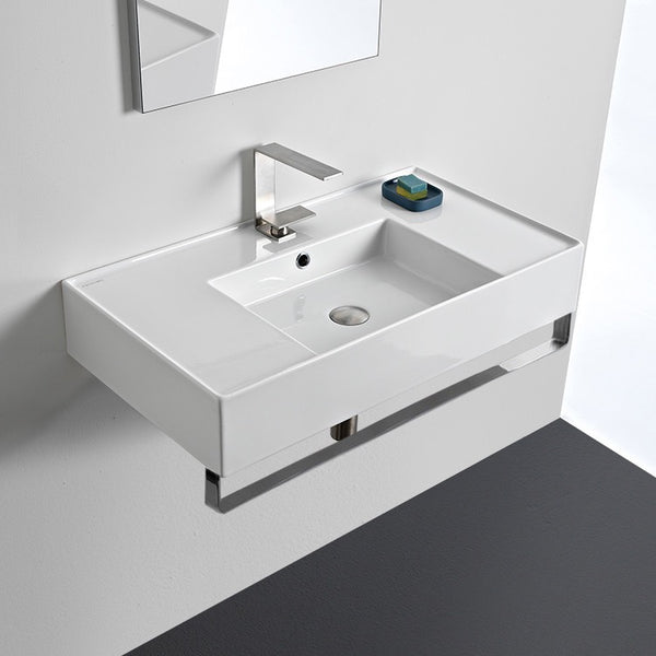 Teorema 2 Rectangular Ceramic Wall Mounted Sink With Counter Space, Includes Towel Bar - Stellar Hardware and Bath 