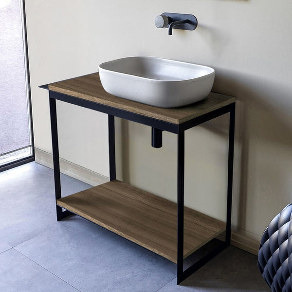 Solid Console Sink Vanity With Ceramic Vessel Sink and Natural Brown Oak Shelf SKU: Scarabeo 1804-SOL4-89 - Stellar Hardware and Bath 