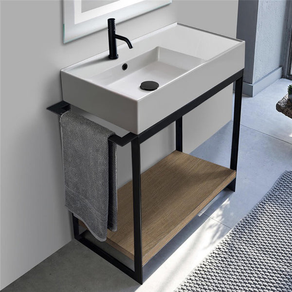 Solid Console Sink Vanity With Ceramic Sink and Natural Brown Oak Shelf - Stellar Hardware and Bath 