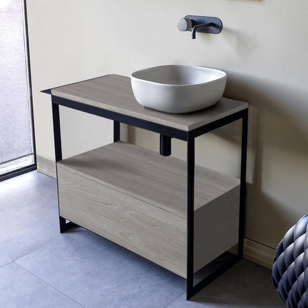 Solid Console Sink Vanity With Ceramic Vessel Sink and Grey Oak Drawer - Stellar Hardware and Bath 