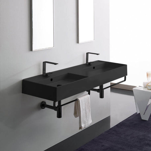 Teorema 2 Double Matte Black Wall Mounted Ceramic Sink With Matte Black Towel Bar - Stellar Hardware and Bath 