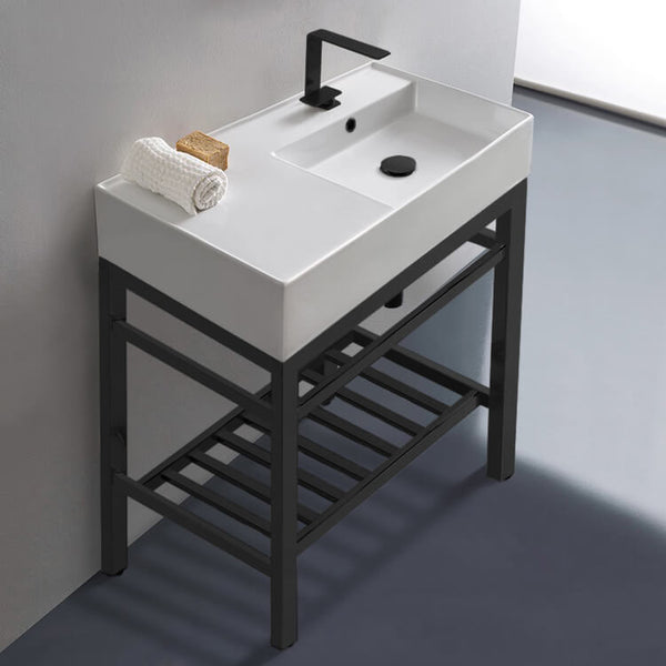 Teorema 2 Modern Ceramic Console Sink With Counter Space and Matte Black Base - Stellar Hardware and Bath 