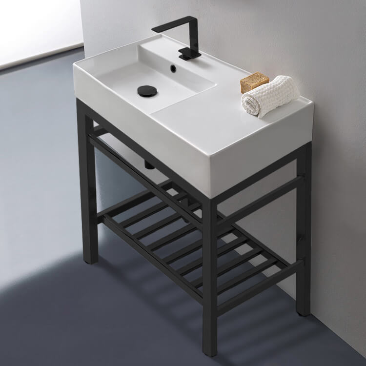 Teorema 2 Modern Ceramic Console Sink With Counter Space and Matte Black Base - Stellar Hardware and Bath 