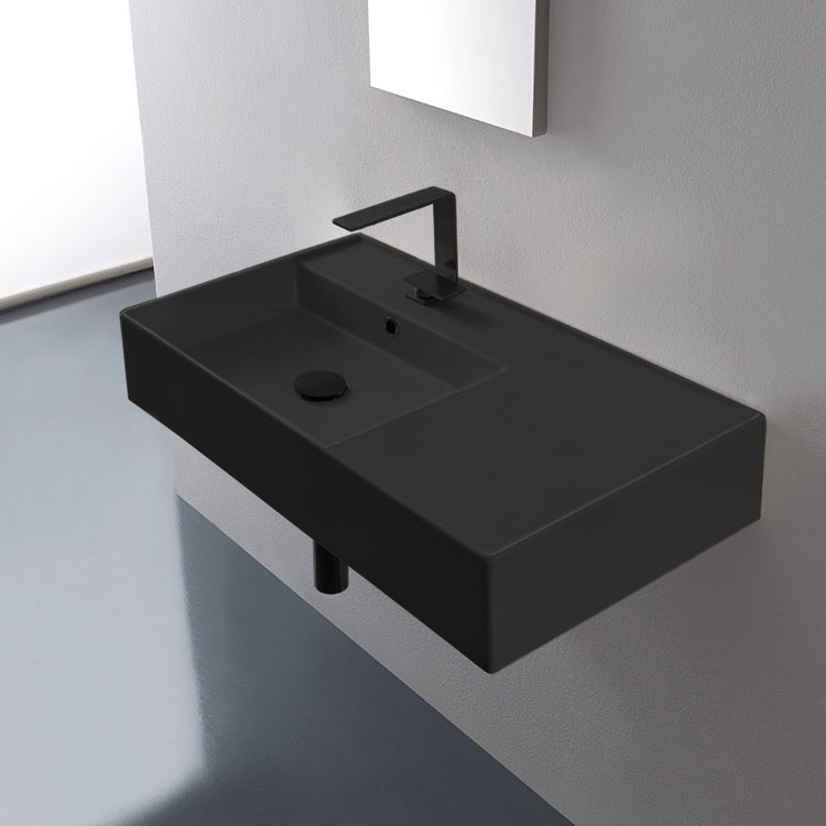 Teorema 2 Matte Black Ceramic Wall Mounted or Vessel Sink With Counter Space - Stellar Hardware and Bath 