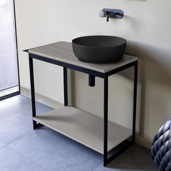 Solid Console Sink Vanity With Matte Black Vessel Sink and Grey Oak Shelf - Stellar Hardware and Bath 
