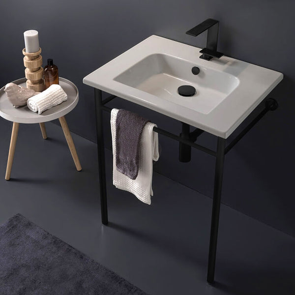 Teorema 2 Modern Matte Black Ceramic Console Sink and Polished Chrome Base - Stellar Hardware and Bath 