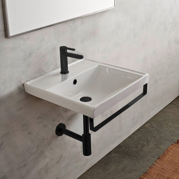 ML Square Wall Mounted Ceramic Sink With Matte Black Towel Bar - Stellar Hardware and Bath 