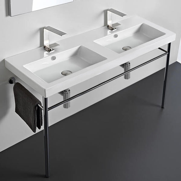 Cangas Double Basin Ceramic Console Sink and Polished Chrome Stand - Stellar Hardware and Bath 