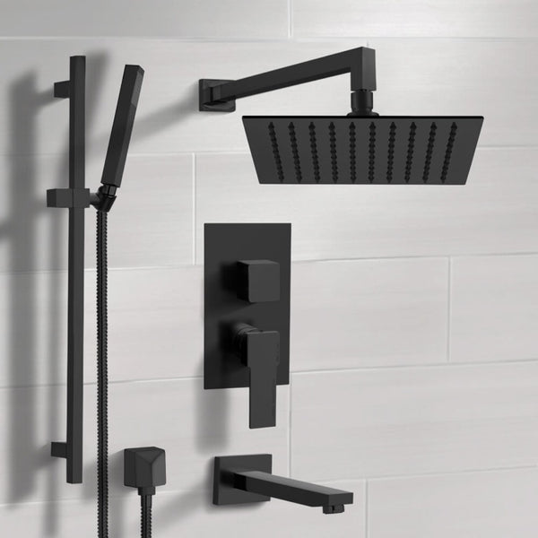 Galiano Matte Black Tub and Shower Faucet with Rain Shower Head and Hand Shower - Stellar Hardware and Bath 