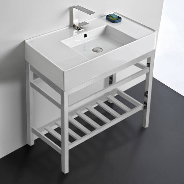 Teorema 2 Modern Ceramic Console Sink With Counter Space and Chrome Base - Stellar Hardware and Bath 