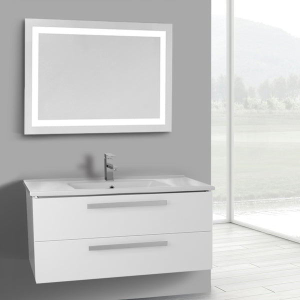 38 Inch Glossy White Wall Mount Bathroom Vanity Set, 2 Drawers, Lighted Mirror Included - Stellar Hardware and Bath 