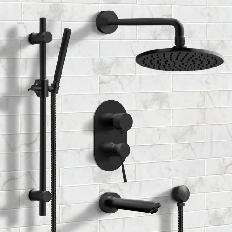 Galiano Matte Black Tub and Shower System with 8" Rain Shower Head and Hand Shower - Stellar Hardware and Bath 