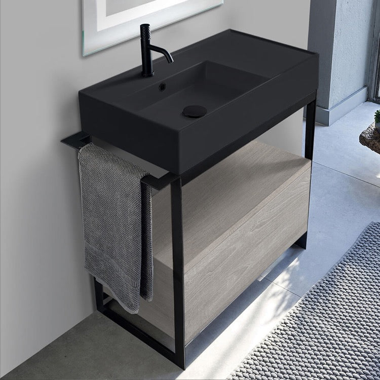 Solid Console Sink Vanity With Matte Black Ceramic Sink and Grey Oak Drawer - Stellar Hardware and Bath 