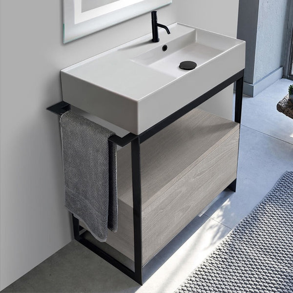 Solid Console Sink Vanity With Ceramic Sink and Grey Oak Drawer - Stellar Hardware and Bath 
