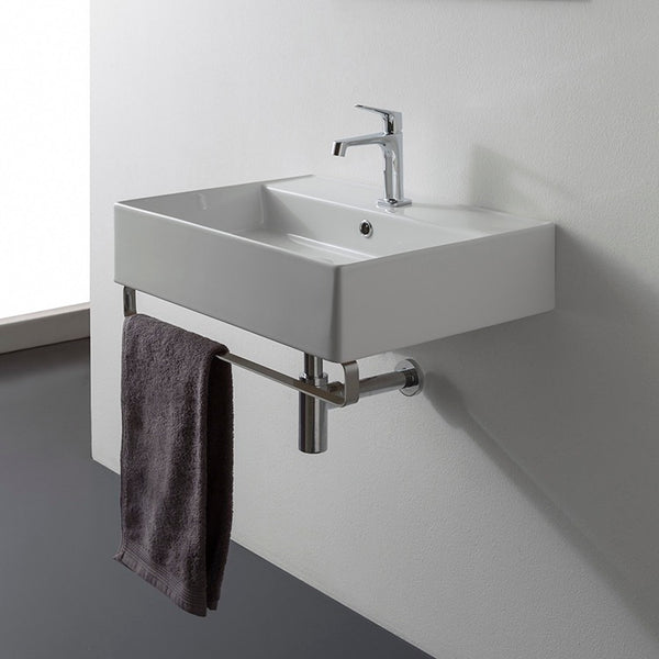 Teorema Square Wall Mounted Ceramic Sink With Polished Chrome Towel Bar - Stellar Hardware and Bath 