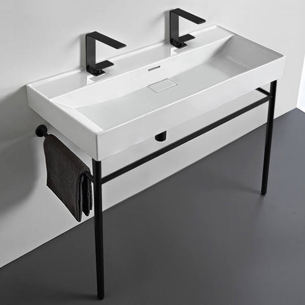 Sharp Trough White Ceramic Console Sink and Matte Black Stand - Stellar Hardware and Bath 