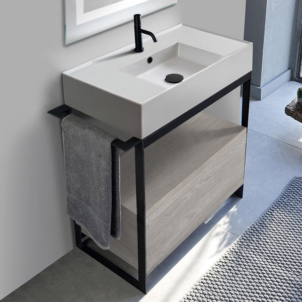 Solid Console Sink Vanity With Ceramic Sink and Grey Oak Drawer - Stellar Hardware and Bath 