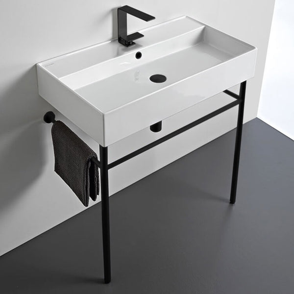 Teorema Ceramic Console Sink and Matte Black Stand - Stellar Hardware and Bath 