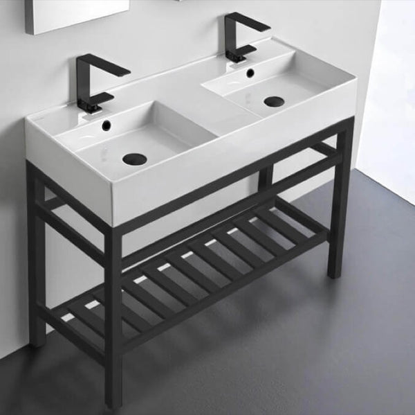 Teorema 2 Double Ceramic Console Sink With Matte Black Stand - Stellar Hardware and Bath 