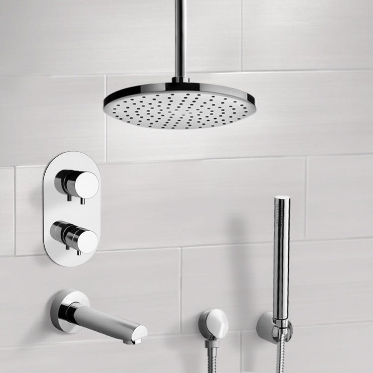 Tyga Chrome Thermostatic Tub and Shower System with 8" Rain Ceiling Shower Head and Hand Shower - Stellar Hardware and Bath 