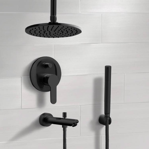Tyga Matte Black Tub and Shower Set with 8" Rain Ceiling Shower Head and Hand Shower - Stellar Hardware and Bath 