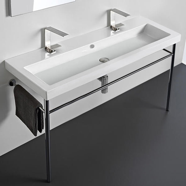 Cangas Large Double Ceramic Console Sink and Polished Chrome Stand - Stellar Hardware and Bath 