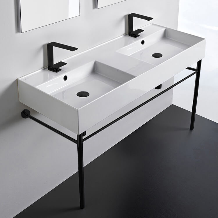 Teorema 2 Double Ceramic Console Sink With Matte Black Stand - Stellar Hardware and Bath 