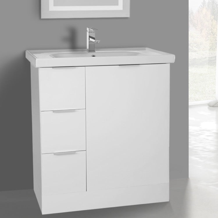 31 Inch Floor Standing Glossy White Vanity Cabinet With Fitted Sink - Stellar Hardware and Bath 