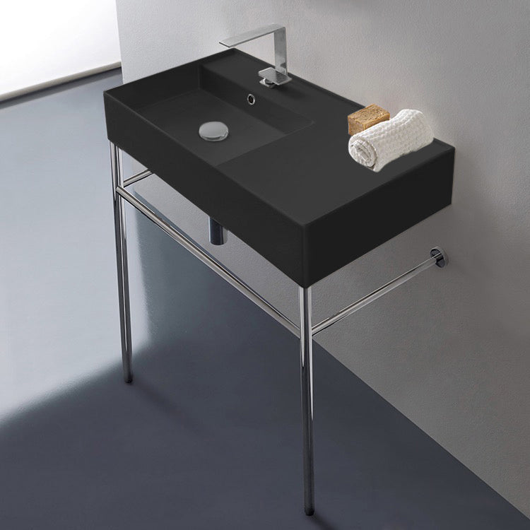 Teorema 2 Matte Black Ceramic Console Sink and Polished Chrome Stand - Stellar Hardware and Bath 