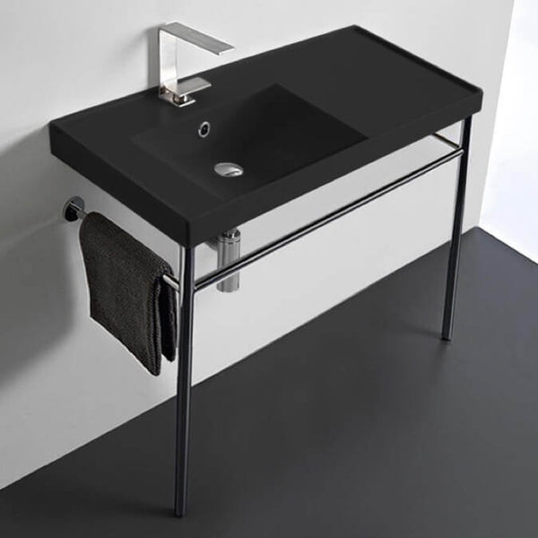 ML Matte Black Ceramic Console Sink and Polished Chrome Stand - Stellar Hardware and Bath 