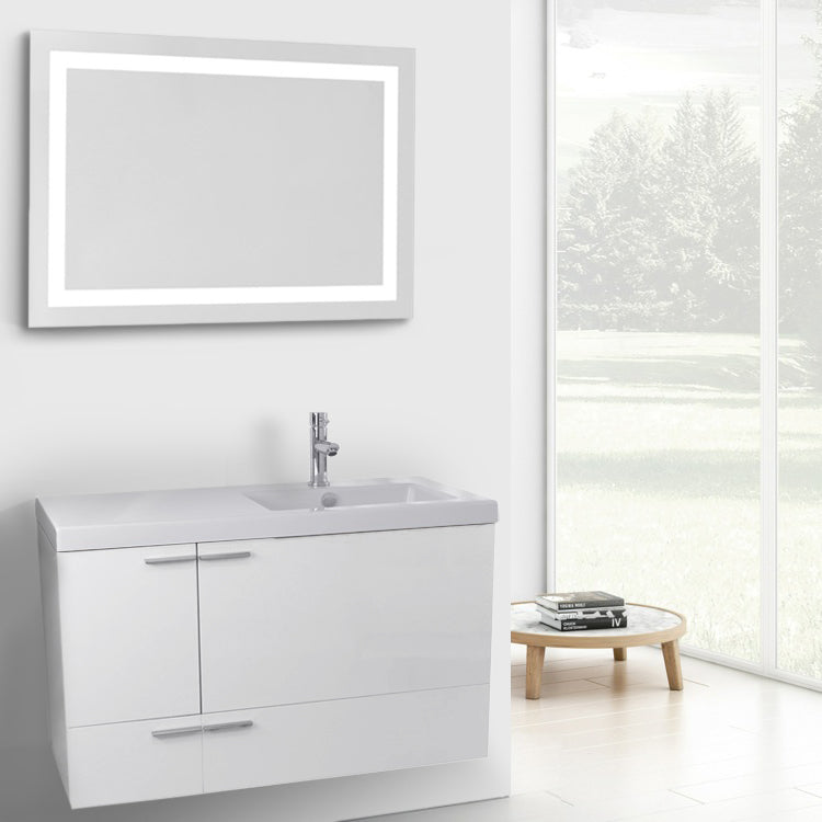 39 Inch Glossy White Bathroom Vanity with Fitted Ceramic Sink, Wall Mounted, Lighted Mirror Included - Stellar Hardware and Bath 