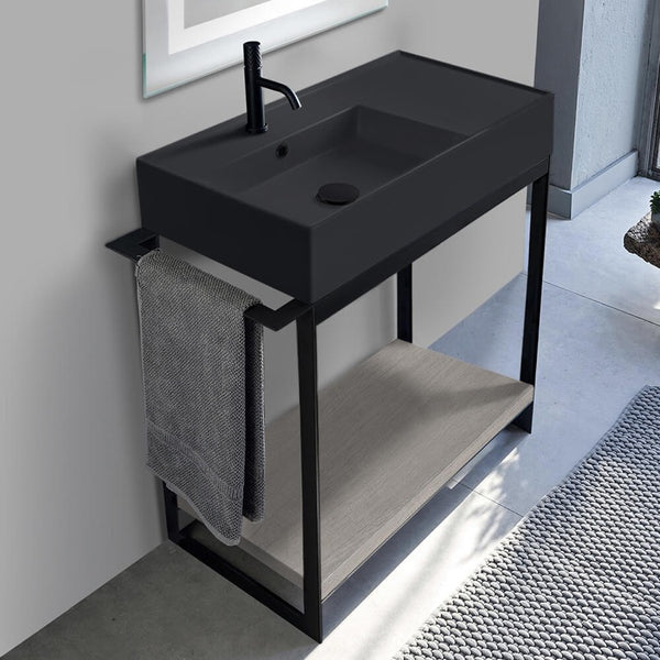 Solid Console Sink Vanity With Matte Black Ceramic Sink and Grey Oak Shelf - Stellar Hardware and Bath 